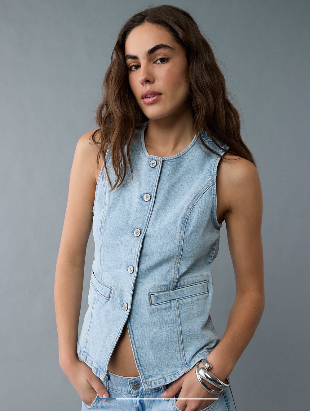 American Eagle Crew Neck Button-Up Denim Vest Size XL